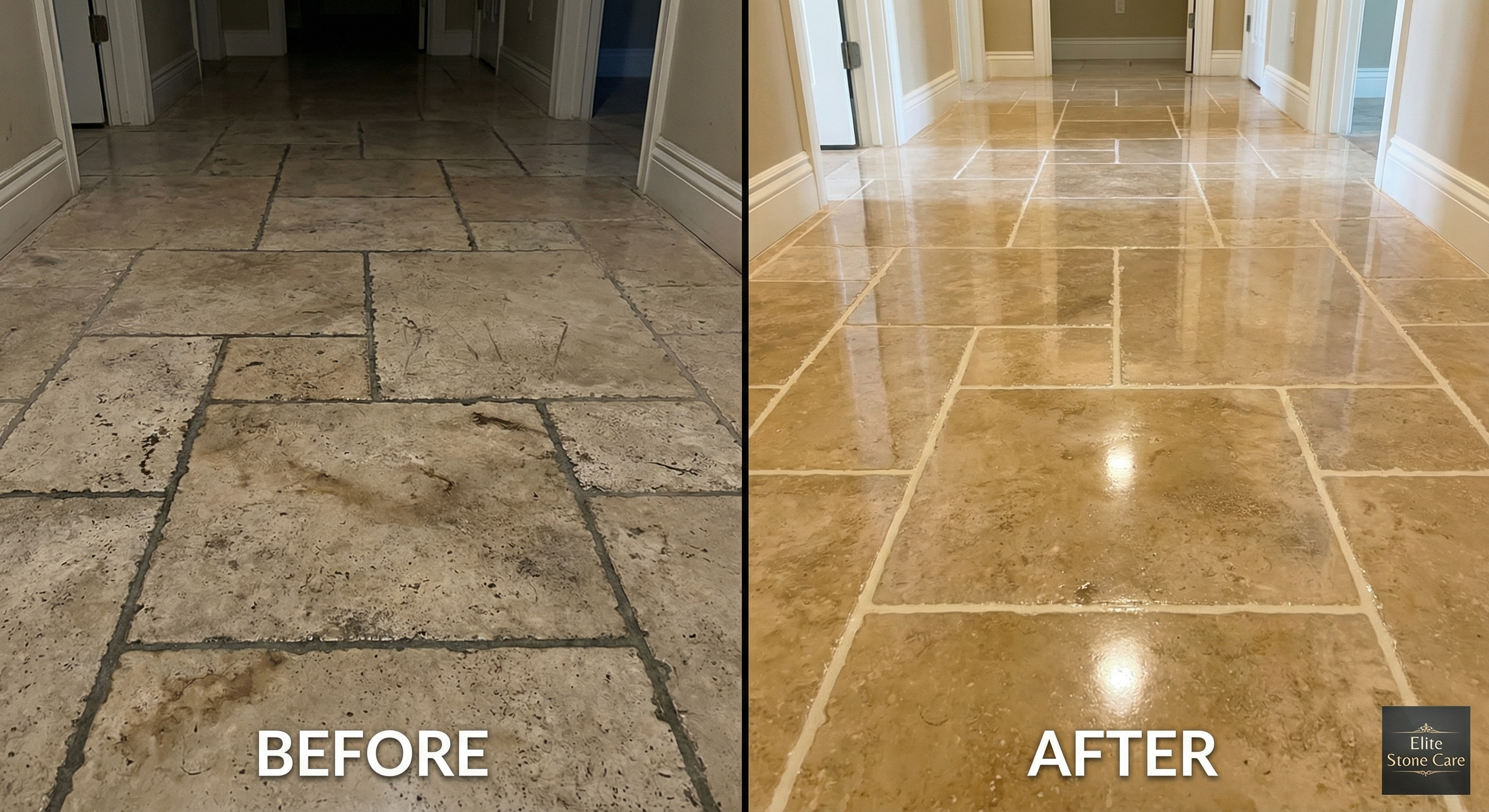 Stone floor before and after cleaning